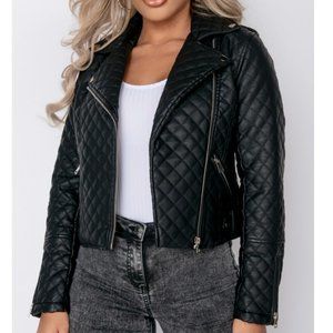 Black Vegan Leather Quilted Moto Biker Jacket